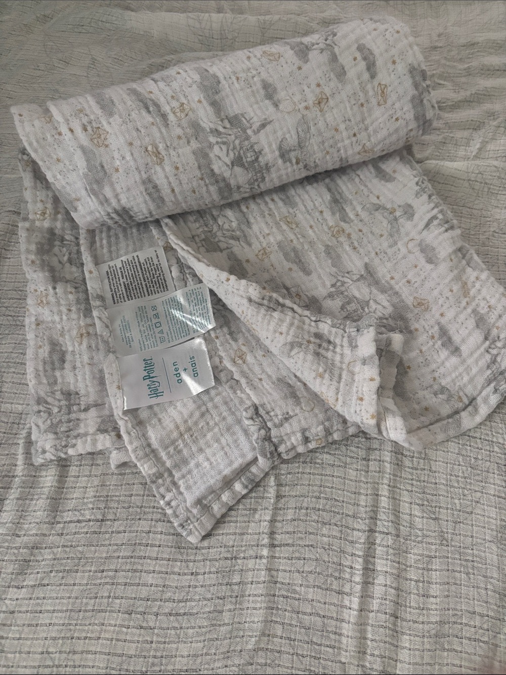 aden + anais White and Gray Muslin Baby Blanket with Gold Star Accents
